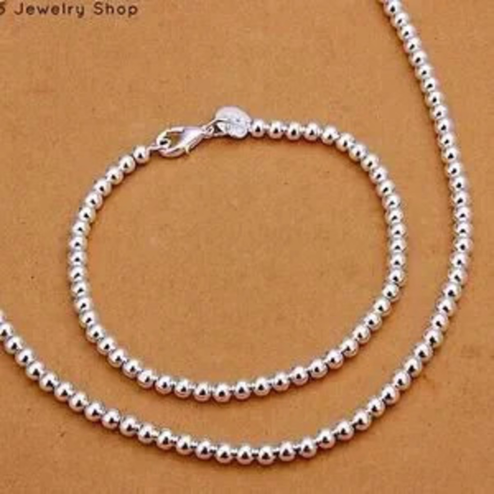 Beaded Ball Sterling Silver Necklace Matching Bracelet Set 4mm